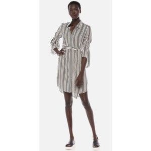 Halston Heritage Striped Belted Shirt Dress Black Cream Bell Sleeve Size M